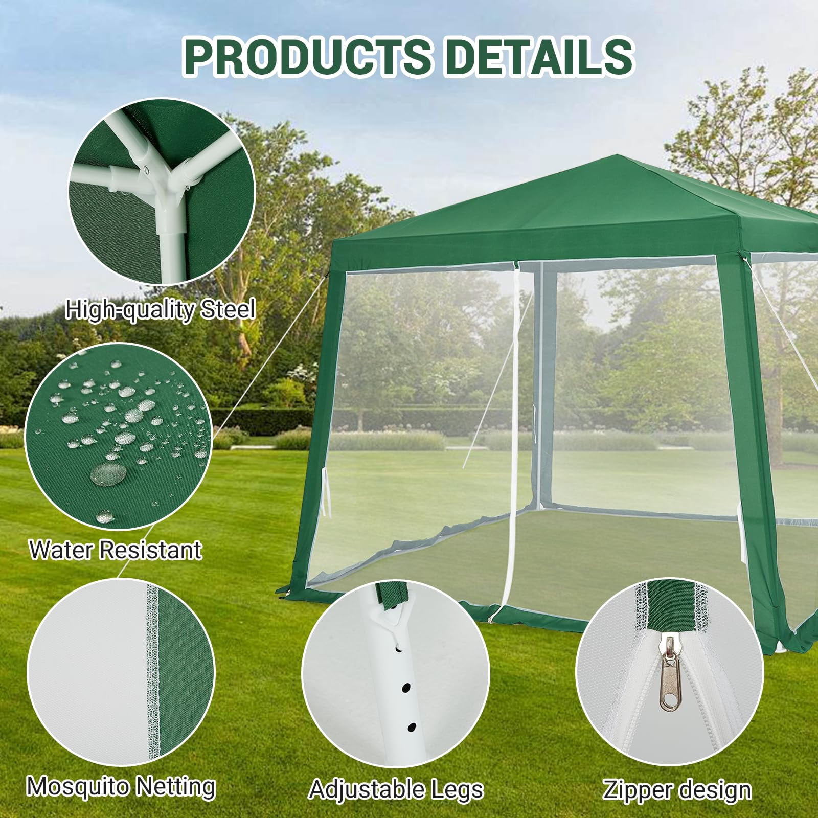 10x10ft Pop-Up Canopy Tent, Outdoor Waterproof Screen Room with Mesh Netting, Portable Gazebo Shelter for Camping, Patio, Picnic, Party, Deck, Backyard Events, Green