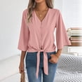 thumbnail image 6 of Vynhevius Womens 3/4 Sleeve Blouses V Neck Button Front Tie Hem Flared Solid Loose Casual Pullover Shirts, 6 of 8
