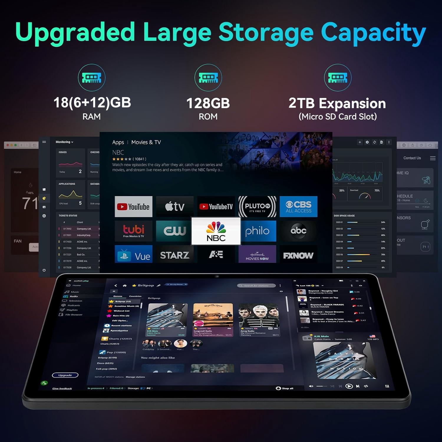 2K Vivid Tablet, Smooth HD 4K video 11" Android 14 Tablets, 18GB+128GB Octa Core Gaming Tablet, 3 Camera, Large 9000mAh, Hi-Res Stereo 4 Speakers, Split Screen, Face Recognition (Dark Gray)