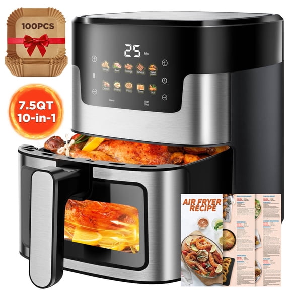 Air Fryer 7.5QT, 10 Preset Programs Air Fryer Oven, 10-in-1 Digital LED Touch Screen, 95% Less Oil, Dishwasher-Safe, 1400W Fast Heating, Visible Window, Air Fryer with 100Pcs Liner
