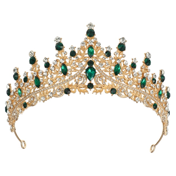 Tiara de corona de reina de cristal de imitación para mujer, tiaras de diamantes de imitación de princesa, accesorios para el cabello de Cosplay de fiesta de cumpleaños de boda, tono dorado verde