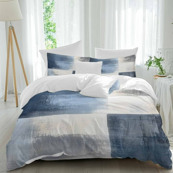 Abstract Art Duvet Cover Set Full Size Color Block Gary Blue Collage Oil Painting Soft Lightweight Comforter Covers 4 Piece Bedding Set with 1 Duvet Cover 1 Bed Sheet & 2 Pillow Shams