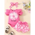 thumbnail image 3 of Aojekbee Baby Girl Summer Outfits Letter Print Short Sleeve Rompers Sunflower Print Shorts Headband 3Pcs Clothes Set, 3 of 9