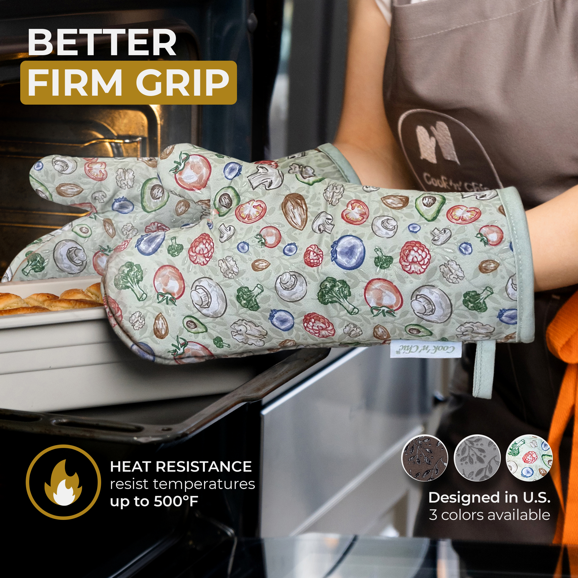 Premium Heat-Resistant Oven Mitts - Stylish and Beautiful - Non-Slip Platinum Silicone Grip - Long and Thick - 100% Natural Cotton Exterior and Soft Terry Cloth Lining - Set of 2 by Cook'n'Chic