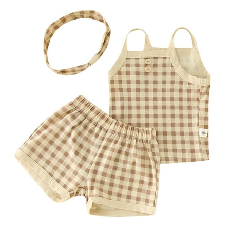 

ZMHEGW Baby Girls Boys Sleeveless Plaid Strap Vest T Shirt Tops Shorts Headband 3PCS Outfits Clothes Set