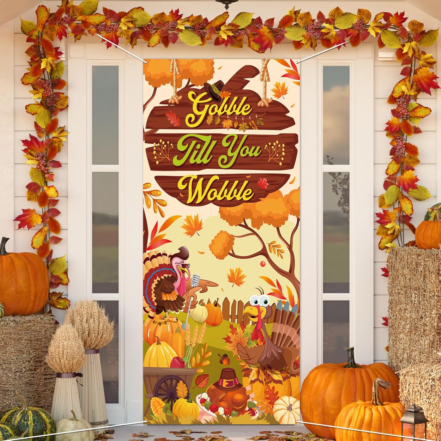 Thanksgiving Banner 'GOBBLE TIL YOU WOBBLE' Mit 6 Truthahn-Anhängern – 2 M Deko Für Drinnen & Draußen