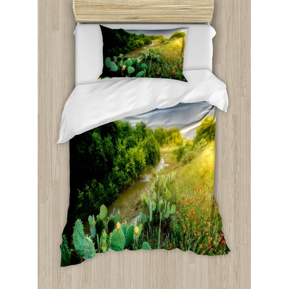 Cactus Spring Flower Duvet Cover Set Twin Size, Picturesque of a Rural Landscape Scene Field View, Decorative 2 Piece Bedding Set with 1 Pillow Sham, Dark Blue Green and Yellow, by Ambesonne