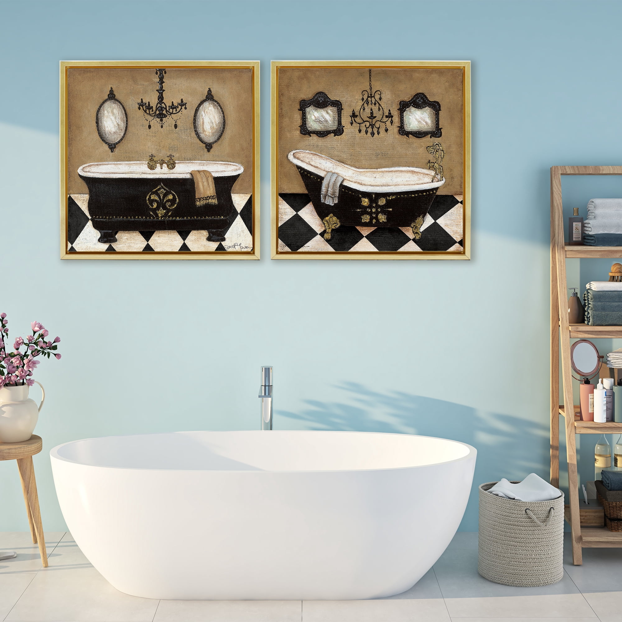 Stupell Industries Elegant Bathroom with Chandeliers 2 Piece Gold Framed Floater Canvas Set, design by Janet Tava
