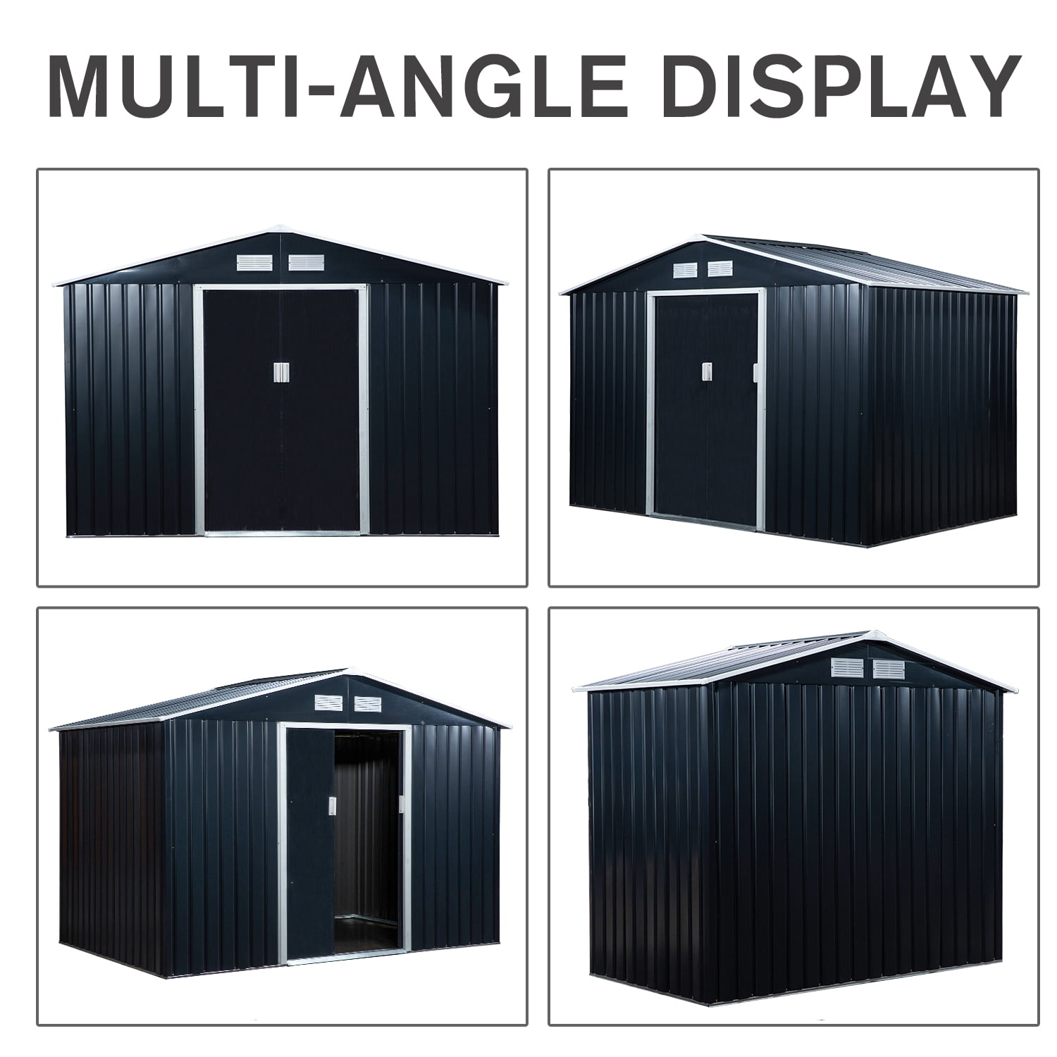 Outsunny 9' x 6' Metal Storage Shed Organizer, Garden Tool House with 4 Vents and 2 Sliding Doors for Backyard, Patio, Garage, Lawn, Dark Gray