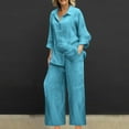 thumbnail image 2 of Pyhlmscde Linen 2 Piece Sets for Women Summer 2024 Loose Long Sleeve Shirts Wide Leg Pant Matching Set Plus Size Vacation Outfits, Lounge Sets for Women, Two Piece Sets for Women Blue1 2XL, 2 of 7