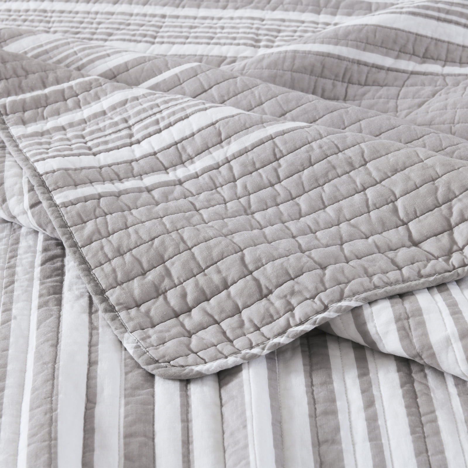 Y-PLWOMEN 100% Cotton Quilt Queen Size - Gray Quilt White Striped Lightweight Quilted Bedspread, Queen Comforter Set, Soft Bed Spread for Queen Bed with Pillow Shams