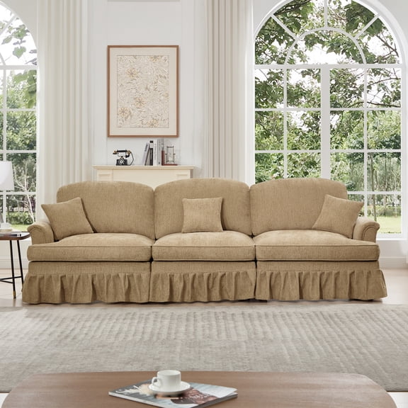 Miekor Elegant Mid Century Large 3 Seater Sofa Couch with Flared Arms and Removable Ruffles Pleats Skirts and Spindle Legs, Comfy Chenille Three-Seat Sofa for Living Room, Light Coffee MK5318