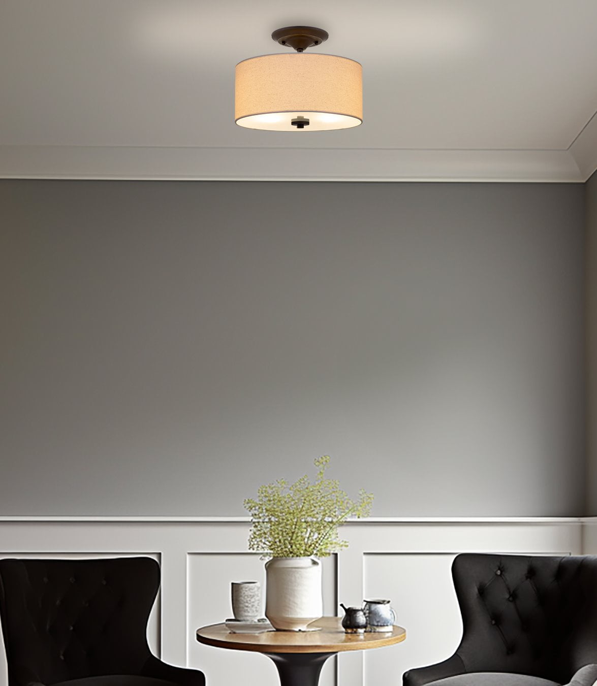 Kira Home Addison 13" Drum Semi Flush Mount with Off-White Fabric Drum Shade, 2-Light Ceiling Light, Oil Rubbed Bronze