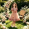 thumbnail image 3 of EnJoCho Girls Sequin Dress Puff Short Sleeve 3D Rose Waist Tulle Formal Gown For Little Girls Toddler Wedding Birthday Party Holiday Princess Dress, 3 of 5