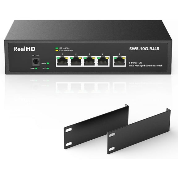 5 Port 10Gb RJ45 Web Managed Ethernet Network Switch, 5 x 10 Gigabit Base-T Port | 10Gbps Multi-Gig Swicth Support 5G-2.5G-1G-100M | 19 Inch Rack Mount | 100G Bandwidth | Metal Casing | Built-in Fan