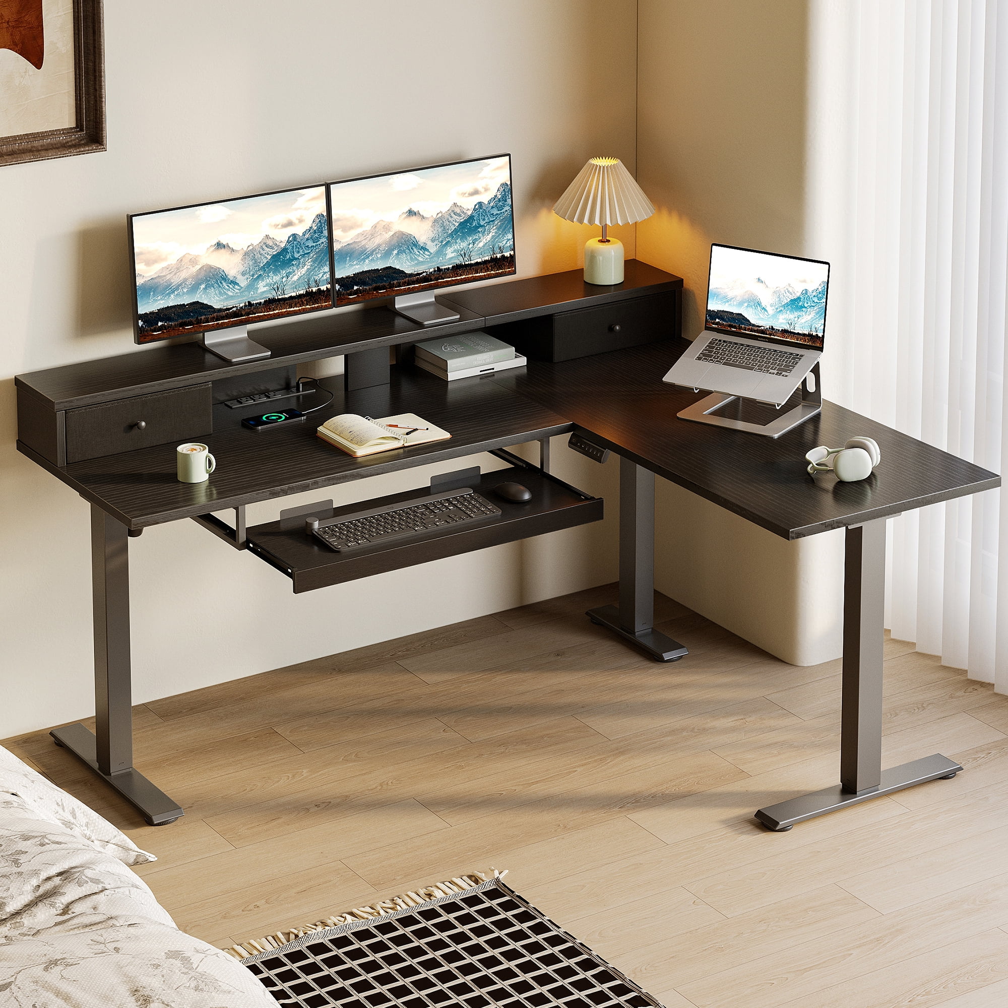 L-Shaped Electric Standing Desk, Height Adjustable Corner Desk with Drawers, Computer Desk with Monitor Shelf & Keyboard Tray, 3 Power Outlets & 2 USB Ports, Black