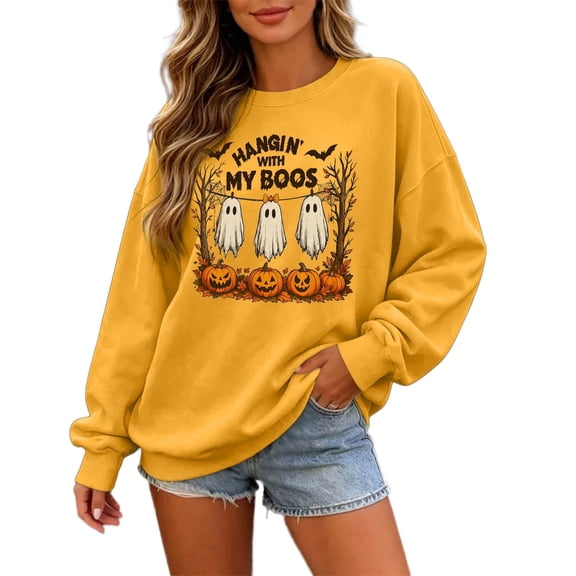 KHONTS Hanging with My Boos Sweatshirt for Women Just Hangin with My Little Boos Halloween Pullover Tops Yellow XL