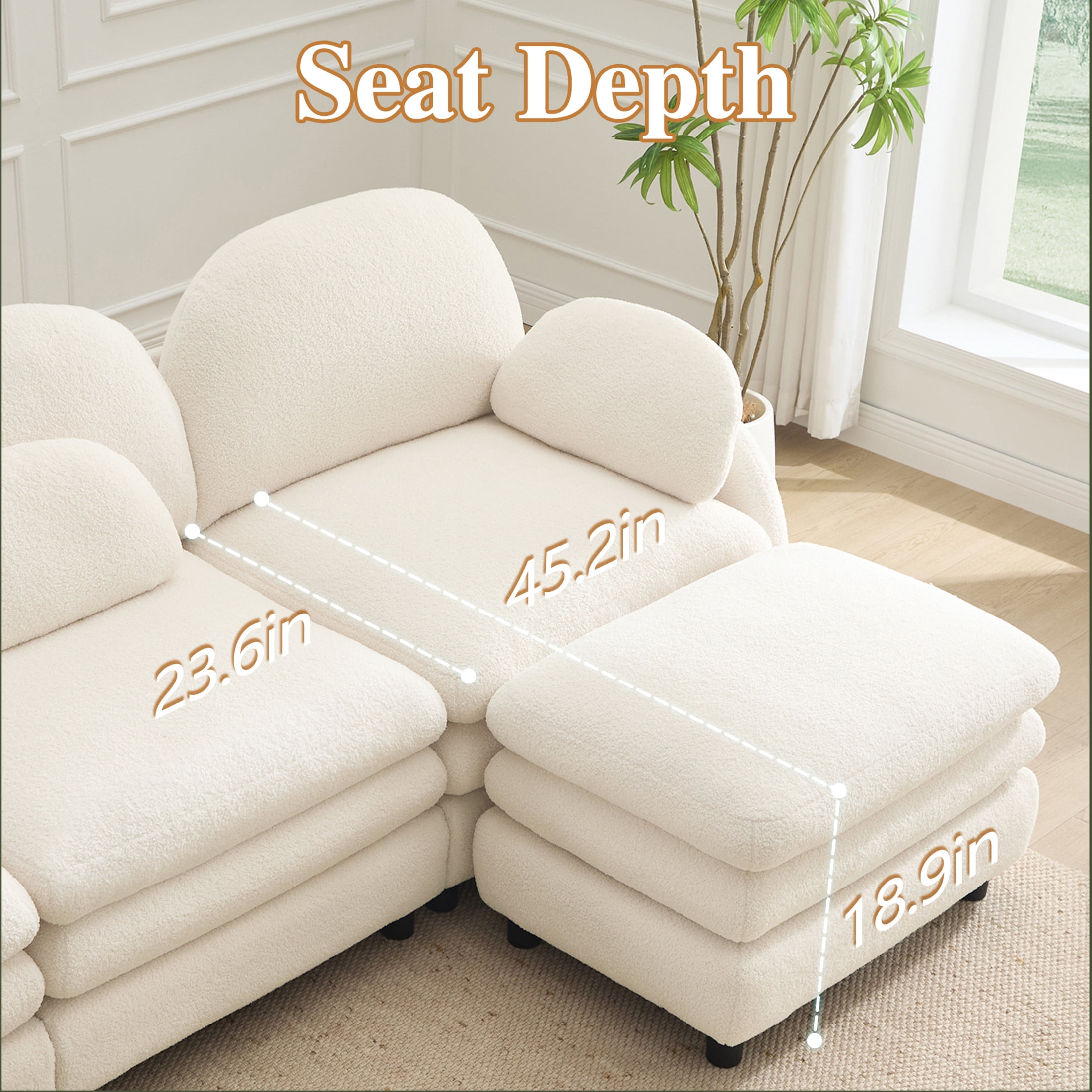 Noble House Windsor Teddy Fabric 2-Seater Sectional Sofa, Modular Cloud Couch with Ottoman and Lumbar Pillows, Beige