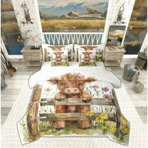 Manfei Cartoon Highland Bull Kid Twin Bedding Sets 7-Piece, Vibrant Groovy Flower Bedding Comforter Set, Rustic Animal Reversible Sheet Sets, Luxury Bedroom Decor