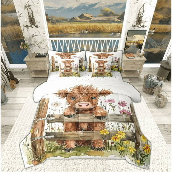 Manfei Cartoon Highland Bull Kid Twin Bedding Sets 7-Piece, Vibrant Groovy Flower Bedding Comforter Set, Rustic Animal Reversible Sheet Sets, Luxury Bedroom Decor