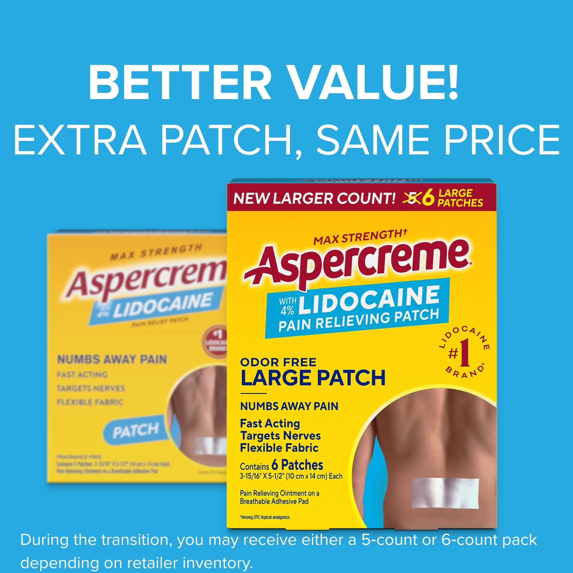 (2 pack) Aspercreme Lidocaine Pain Relief Patch for Back, Neck & Shoulder Pain, Topical Patches With Max-Strength 4% Lidocaine & Flexible Fabric Numbs Away Pain, 6 Ct.