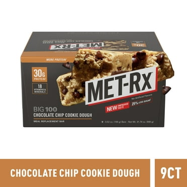 MET-Rx Big 100 Chocolate Chip Cookie Dough Meal Replacement Protein Bar, 3.52 oz., 9 Count