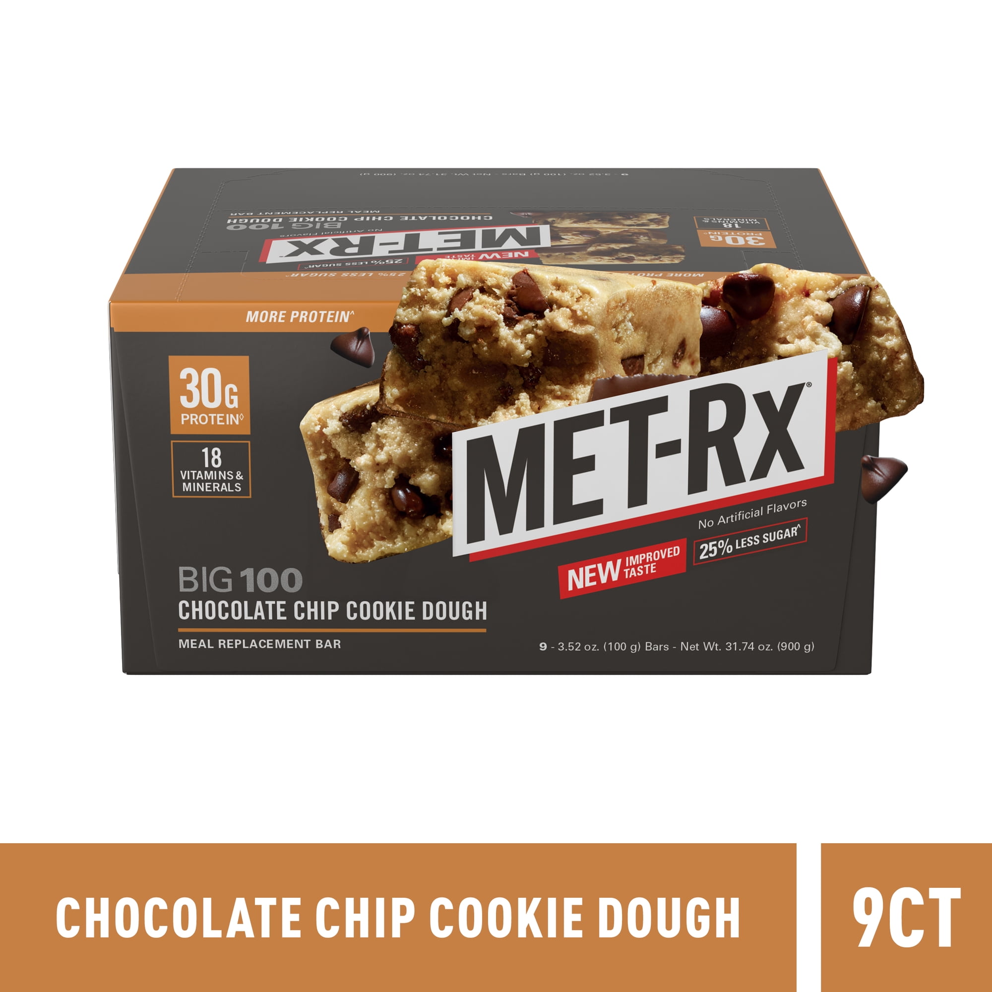 MET-Rx Big 100 Chocolate Chip Cookie Dough Meal Replacement Protein Bar, 3.52 oz., 9 Count