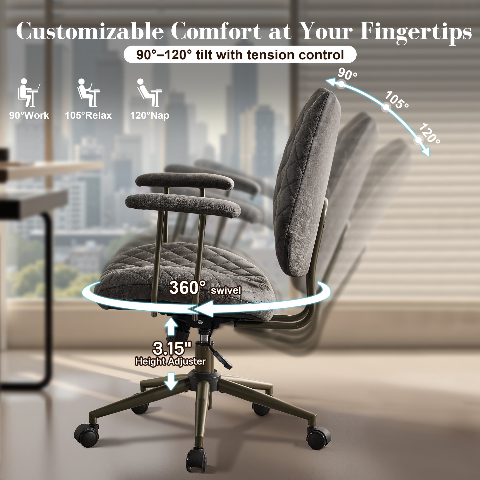 Toject Leather Office Chair, Mid Back Home Office Chair with Lumbar Support, Ergonomic Computer Chairs, Executive Desk Chairs with Thickened Cushions, Task Chairs for Office, Suede Leather, Gray