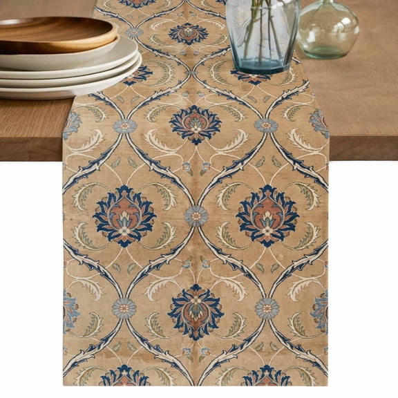 Orange Blue Beige Floral Table Runner, Retro Botanical Abstract Vintage Washable Cotton Linen Table Runners 72 Inches Long, Dresser Scarf Runner for Dining/Coffee/Kitchen/TV Stands/Cabinets 14''x72''