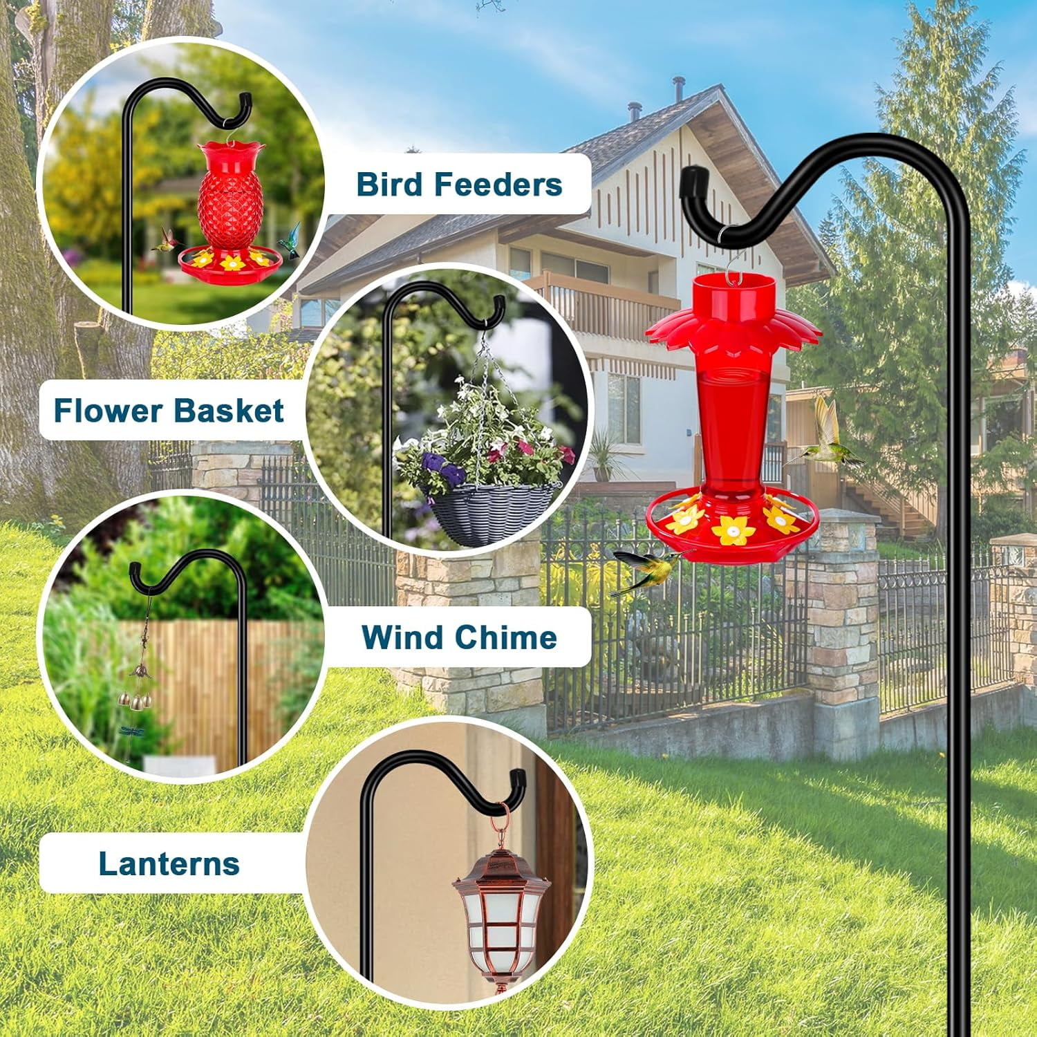 Shepherds Hook for Outdoor, 76 Inch Bird Feeder Pole with 7 Prongs Base, 3/4 Inch Thick Heavy Duty Adjustable Garden Hook for Hanging Plant, Hummingbird Feeder, Lantern, 2 Pack