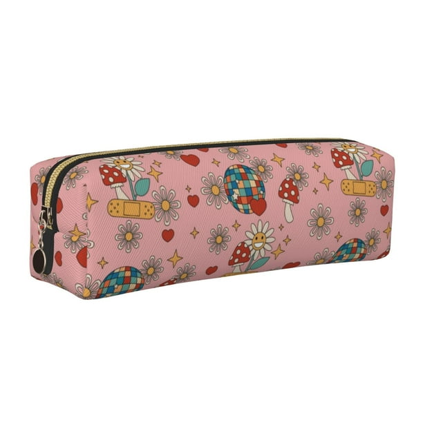 Fotbe Retro 70s 60s Hippie Flower Estuche para Lápices de Cuero con Estampado, Estuche con Cremallera Resistente, Organizador Compacto y Elegante para Papelería