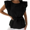thumbnail image 2 of Summer Saving Wycnly Womens Shirts Casual Solid Ruffle Sleeve Tunic Tee Tops with Belt Summer Short Sleeve Crewneck Ladies Plain Tops and Blouses Black XXL, 2 of 7