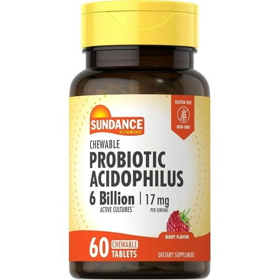 Probiotic Acidophilus 17mg | 6 Billion Active Cultures | 60 Chewable Tablets | Berry Flavor | by Sundance