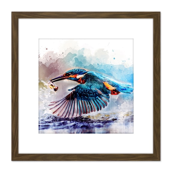 Watercolour Filter Kingfisher Bird River Photo 8X8 Inch Square Wooden Framed Wall Art Print Picture with Mount
