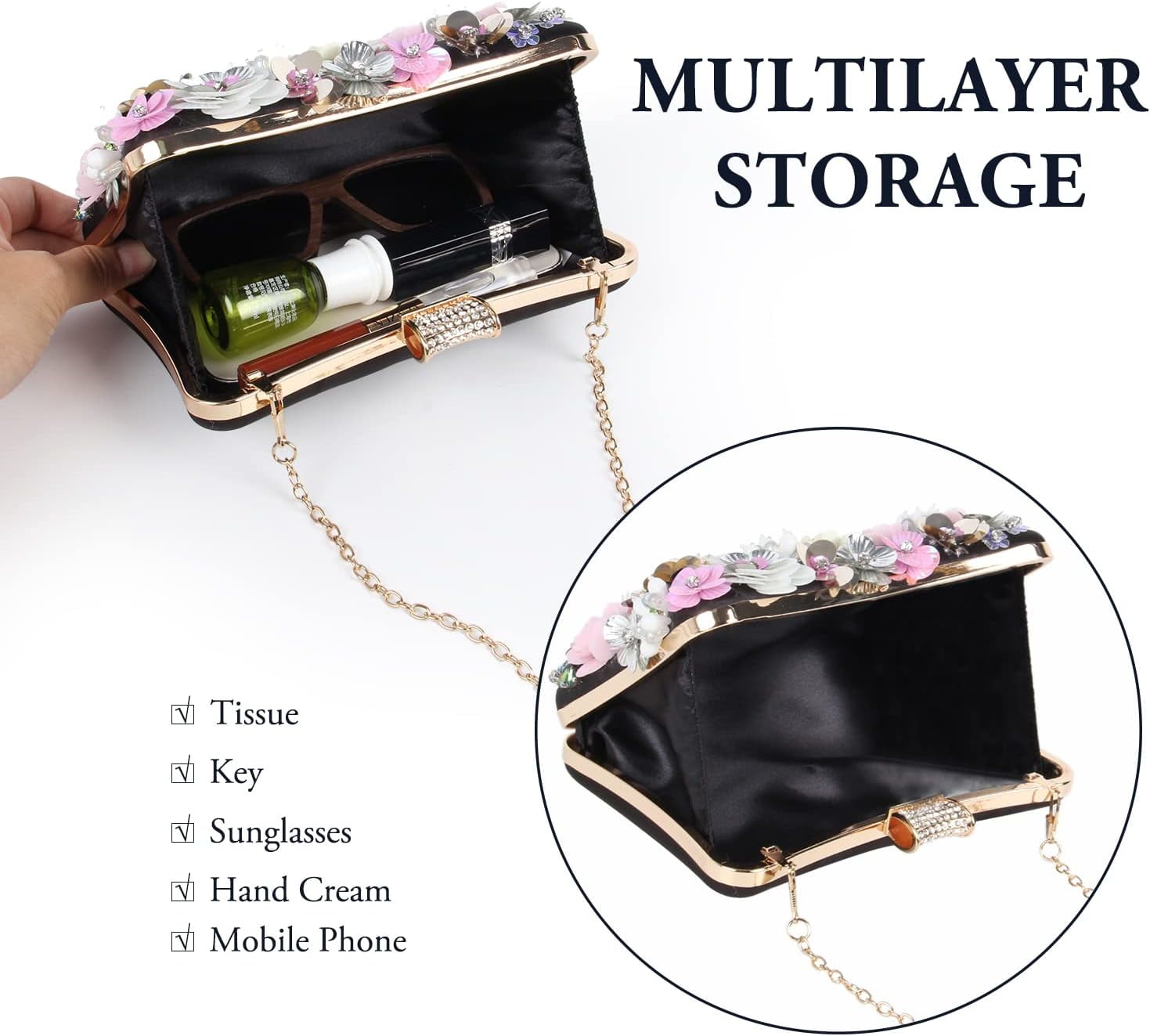 Women Elegance Floral Evening Clutch Purse Bags Flowers Beads Wedding Tote Bags Bride Shoulder Handbags