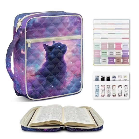 Tutolipy Galaxy Cat Printed Bible Bag with Bookmarks Index Tabs Lightweight Bible Cover Case Sturdy Bible Holder with Sturdy Handle Portable Carrying Case for Bible Study, Purple