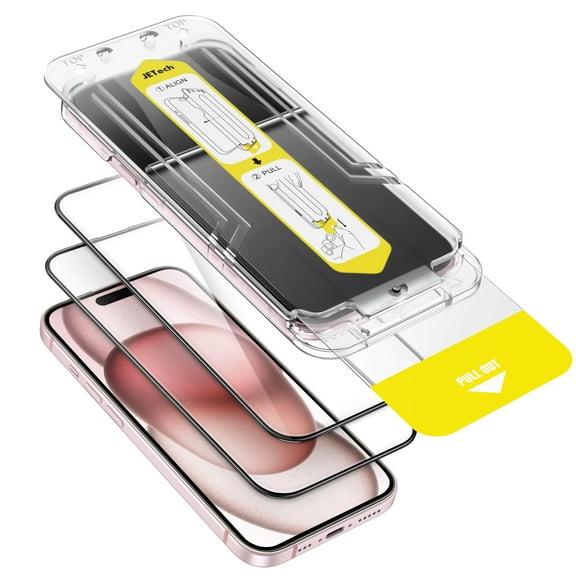JETech Full Coverage Screen Protector for iPhone 15 6.1-Inch, 10-Second Super Easy Installation with One-Step Alignment Tray, Bubble-Free Tempered Glass Film, HD Clear, 2-Pack