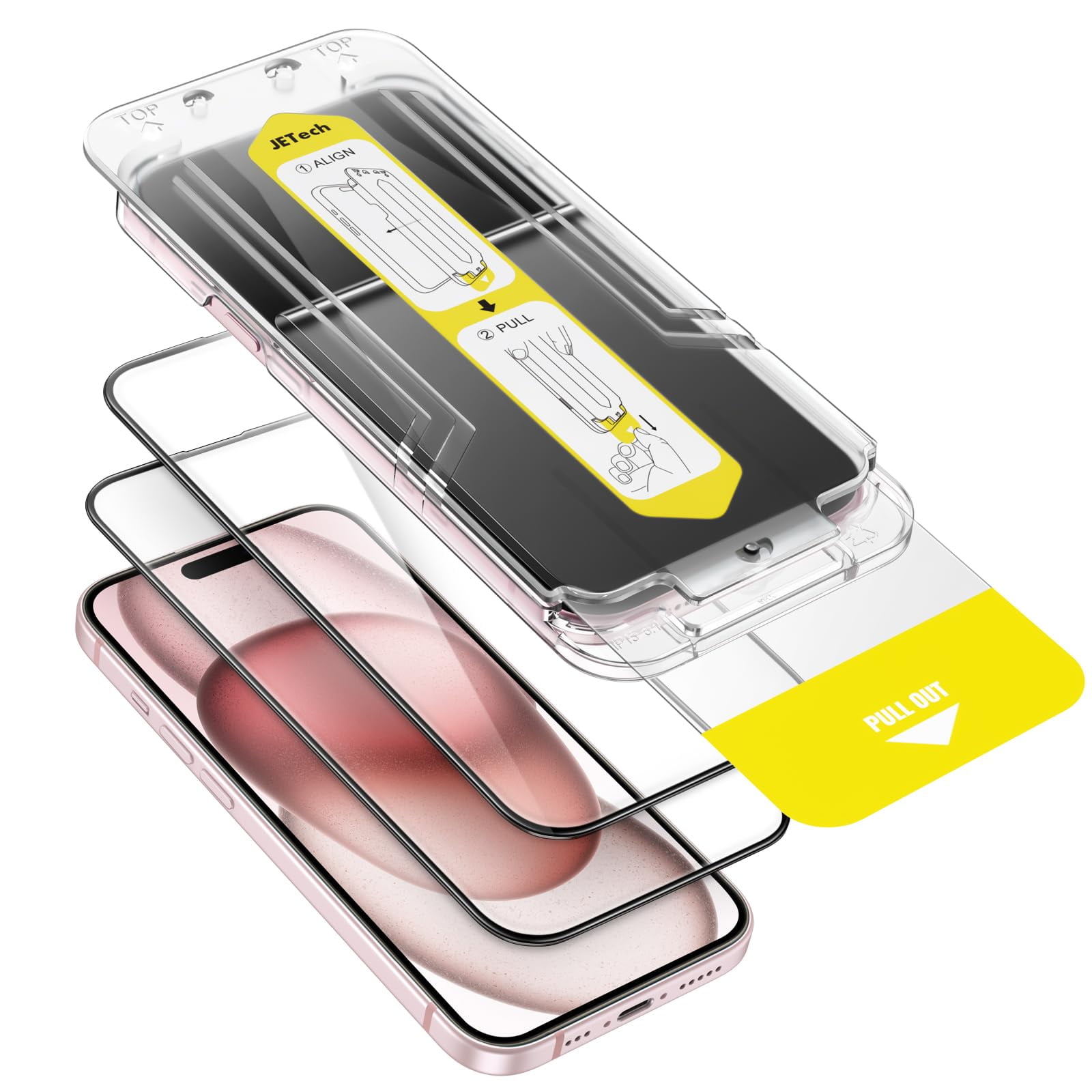 JETech Full Coverage Screen Protector for iPhone 15 6.1-Inch, 10-Second Super Easy Installation with One-Step Alignment Tray, Bubble-Free Tempered Glass Film, HD Clear, 2-Pack