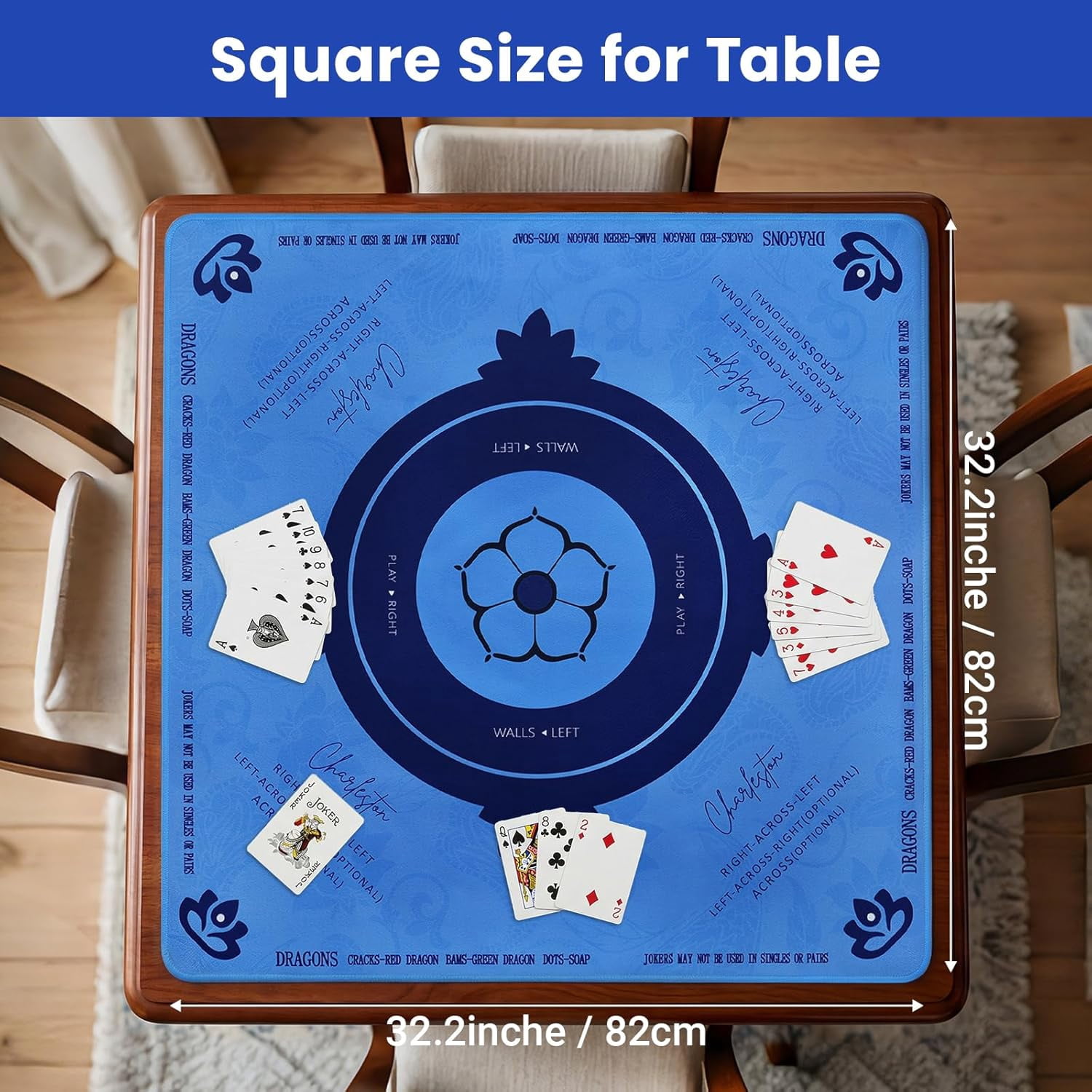 Mahjong Mat with Rules, 32.2 Inch Square Mahjong Mats for Table, Noise Reduction Mah Jong Mat, Rubber Anti-Slip Base for Board Games, Tiles Game & Dominoes Blue