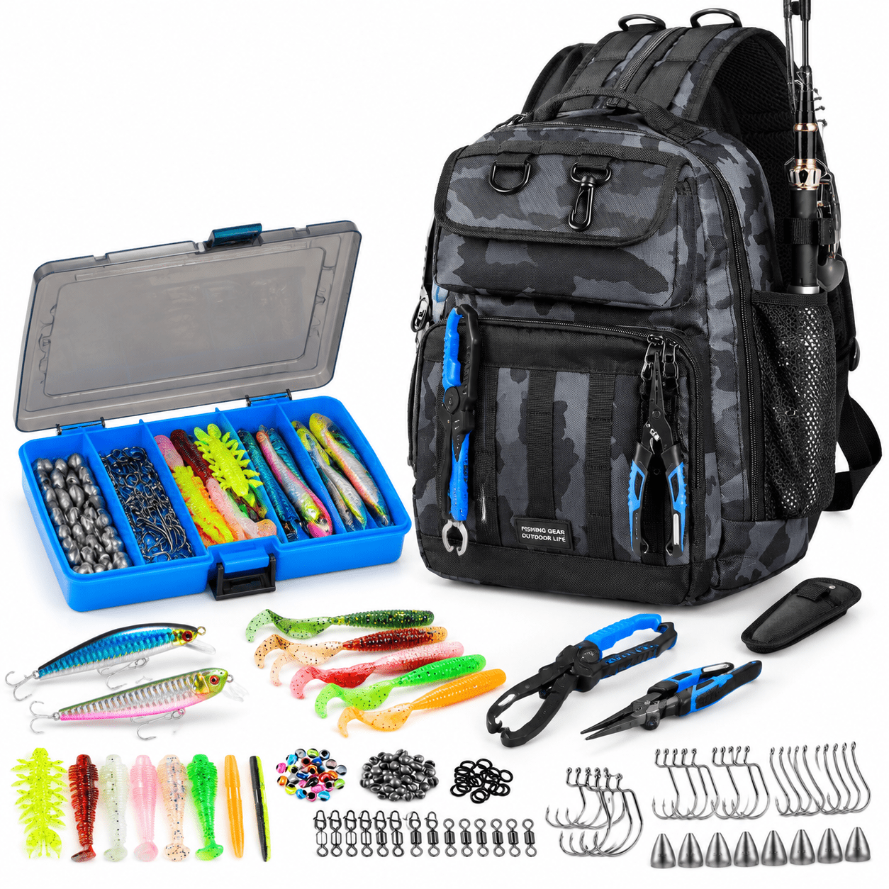 Fishing Tackle Backpack with Tackle Box and Tools Black Camouflage