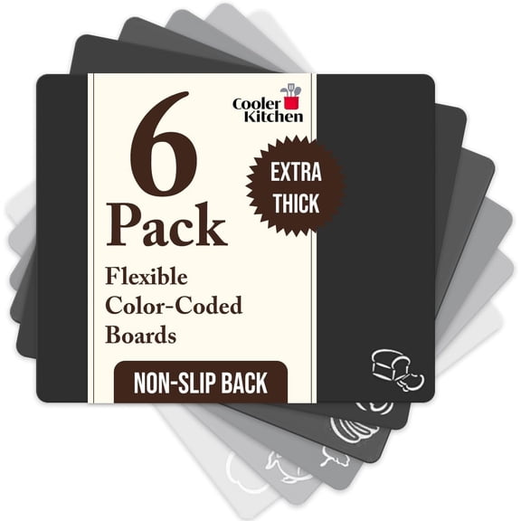 Extra Thick Flexible Plastic Cutting Board Mats with Food Icons & EZ-Grip Waffle Back, (Set of 6) Dishwasher Safe
