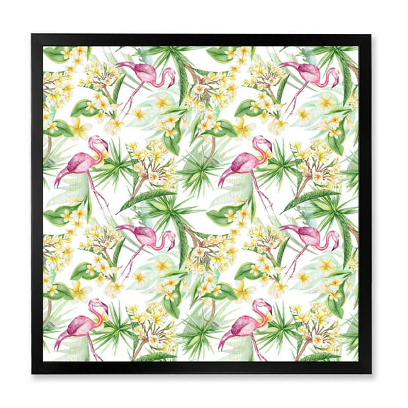 Designart 'Yellow Flowers, Tropical Foliage With Flamingo IV' Modern Framed Art Print
