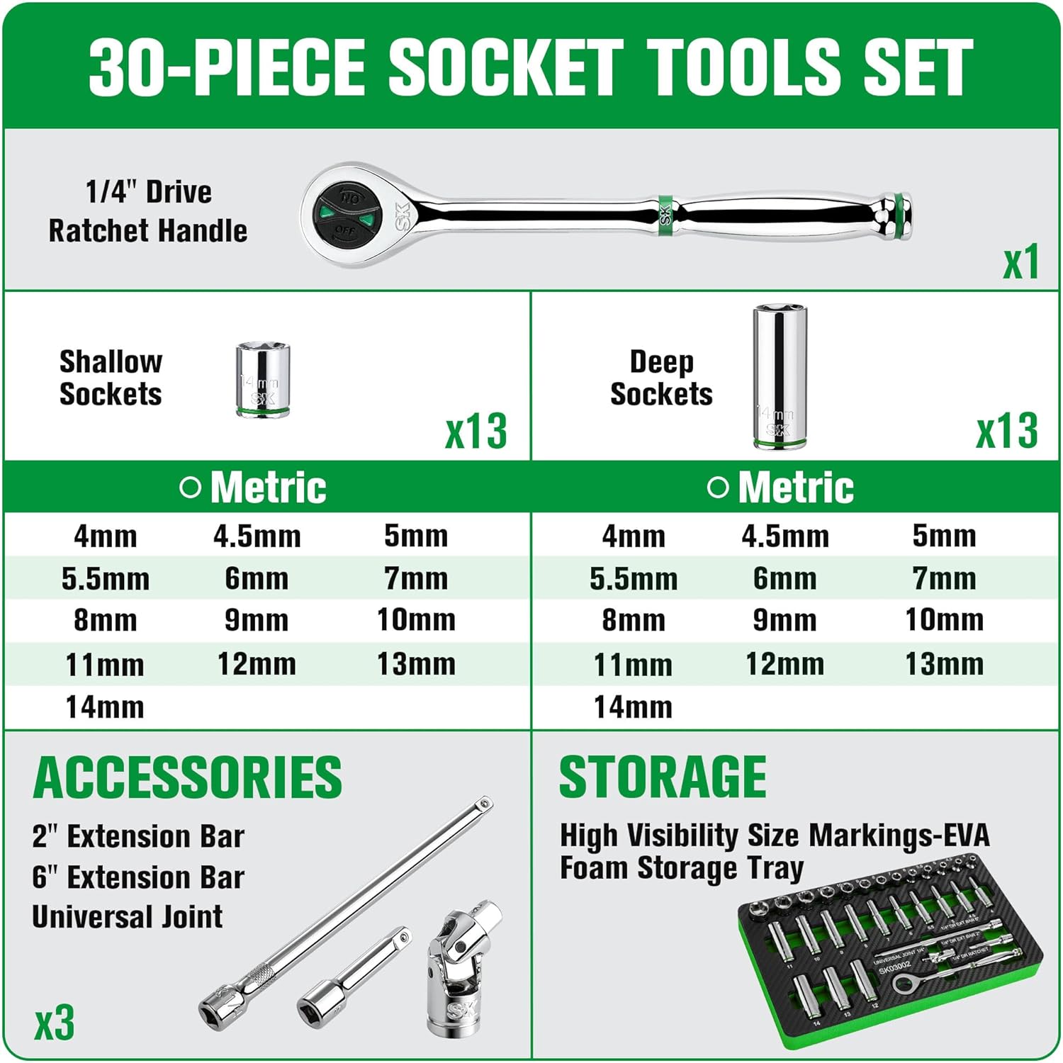 SK 1/4" Drive 30-Piece Socket Set, Metric, Premium CR-V Construction, SuperKrome Finish, Includes 160-P Ratchet and EVA Foam Tool Organizer