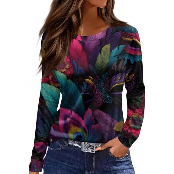 Mardi Gras Shirts for Women Glitter Mask Print Crew Neck T Shirts Feathers Print Long Sleeve Gold Tops Dark Purple M
