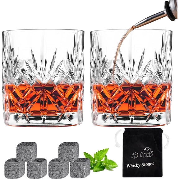 Whiskey Glasses Set of 2 Rocks Whisky Tumblers 10oz Old Fashioned Glass Bourbon Drinking Cups for Cognac Cocktail Bourbon Rum Brandy Bar Men Gift