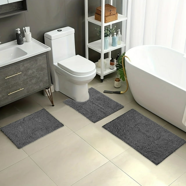 Boovnll Bathroom Rugs Set of 3, Super Absorbent Soft Chenille Solid Color Toilet Mat, Bath Mat Non-Slip Backing Quickly Drying for Bathroom, Kitchen, Pool, Bath Mats for Bathroom