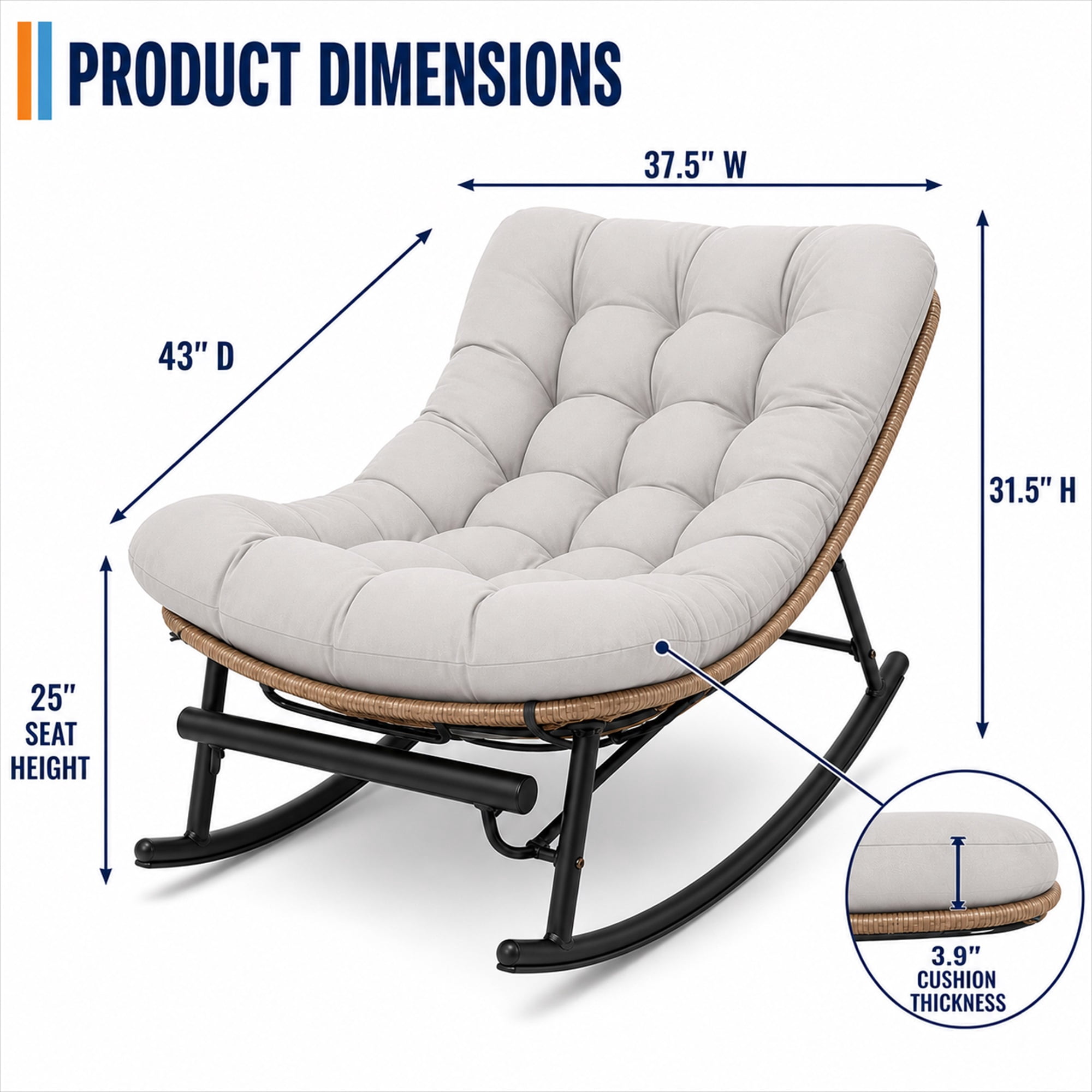 CLOUDREST PRO Outdoor Papasan Rocking Chair with Retractable Footrest, Oversized Wicker Patio Lounge Rocker with Thick Cushion and Steel Frame, 450 lb Capacity, Indoor Outdoor, Beige