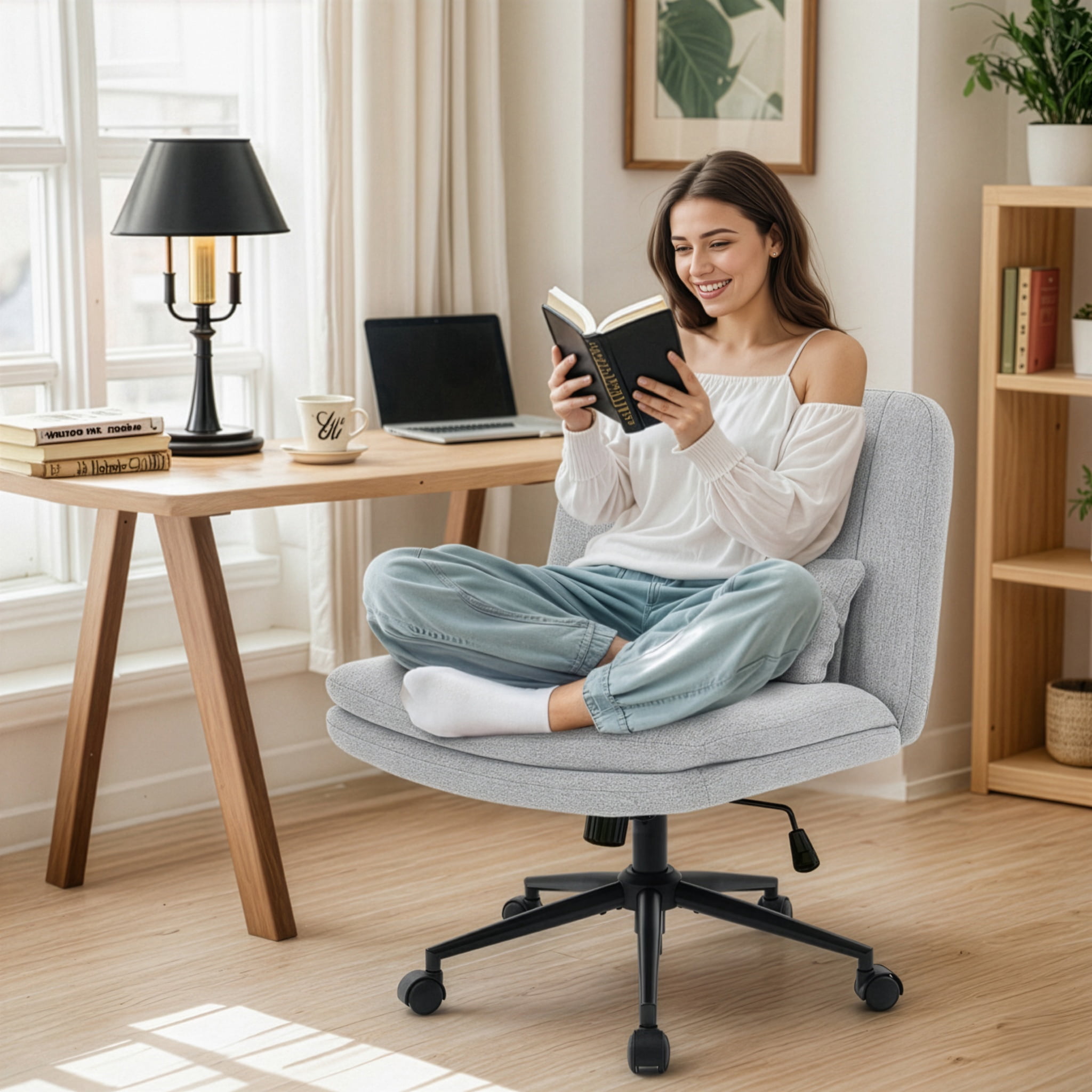 IPKIG Small Armless Criss Cross Chair, Adjustable Swivel Home Office Desk Chair with Lumbar Support Pillow for Computer, Living Room, Linen Gray