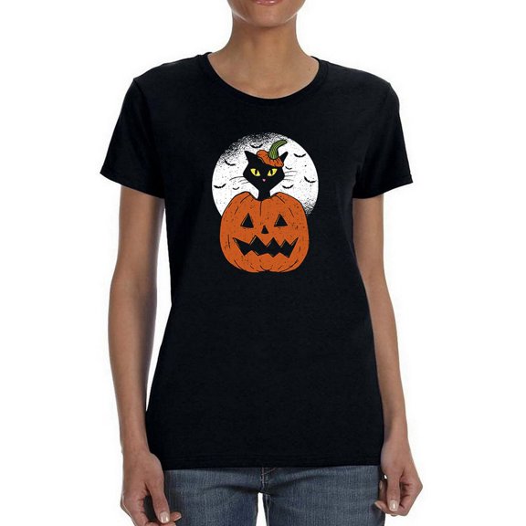Kitten Inside Pumpkin T-Shirt Women -Smartprints Designs, Female Large