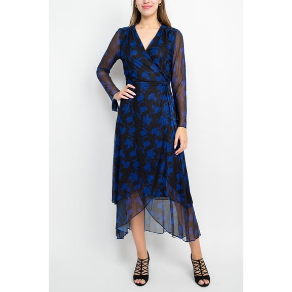 Laundry Surplice V- Neck Back Zipper Midi Draped Mesh Dress-BLACK AZURE / 0